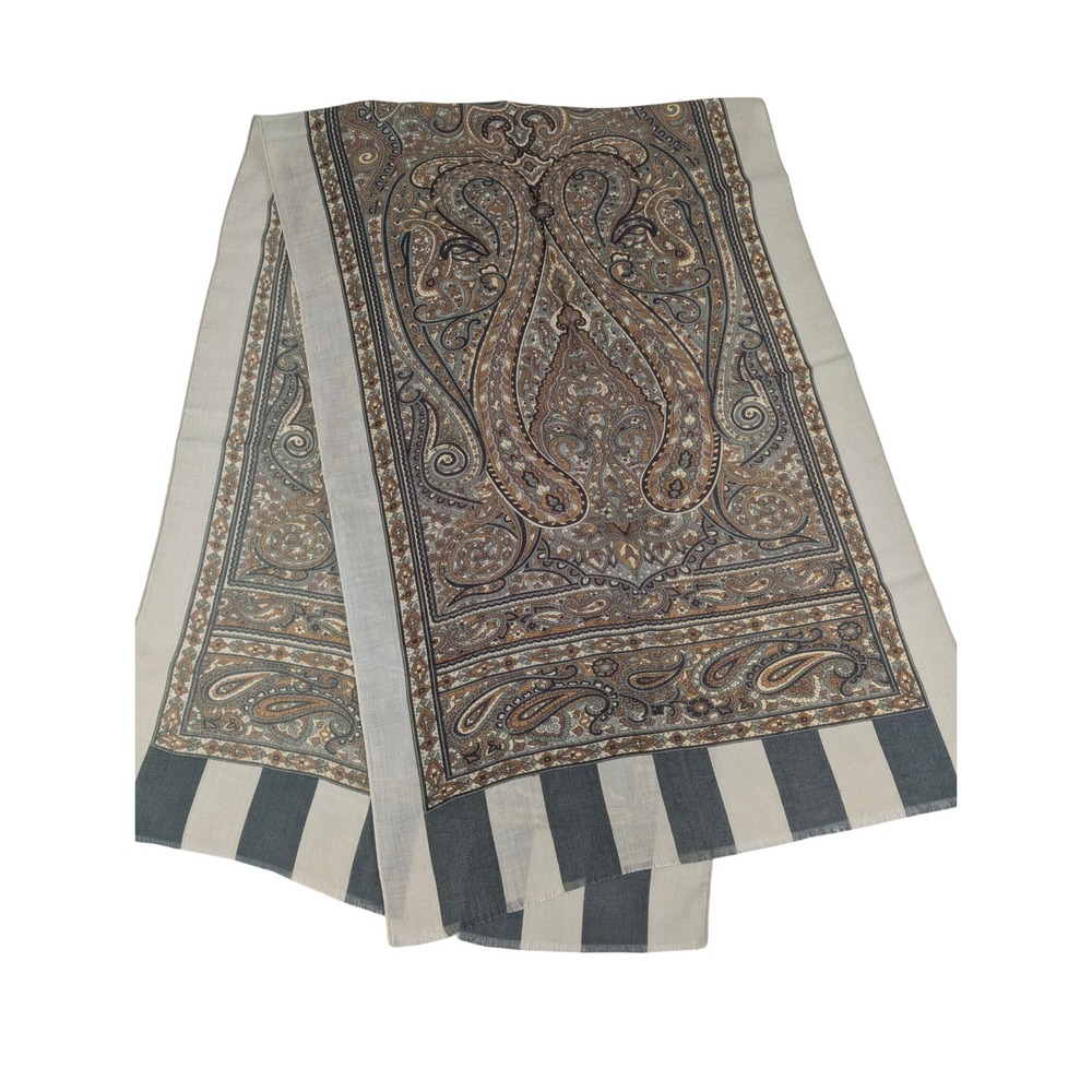 VTG Paisley Medallion Striped Fringe Large Rectangular Scarf Wrap Tan Brown Blue